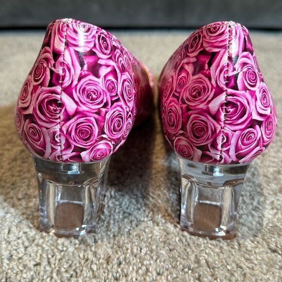 Reindee Lusion Pink Roses Transparent Block Mid Heel Round Toe Size 9.5 NEW - Picture 6 of 15